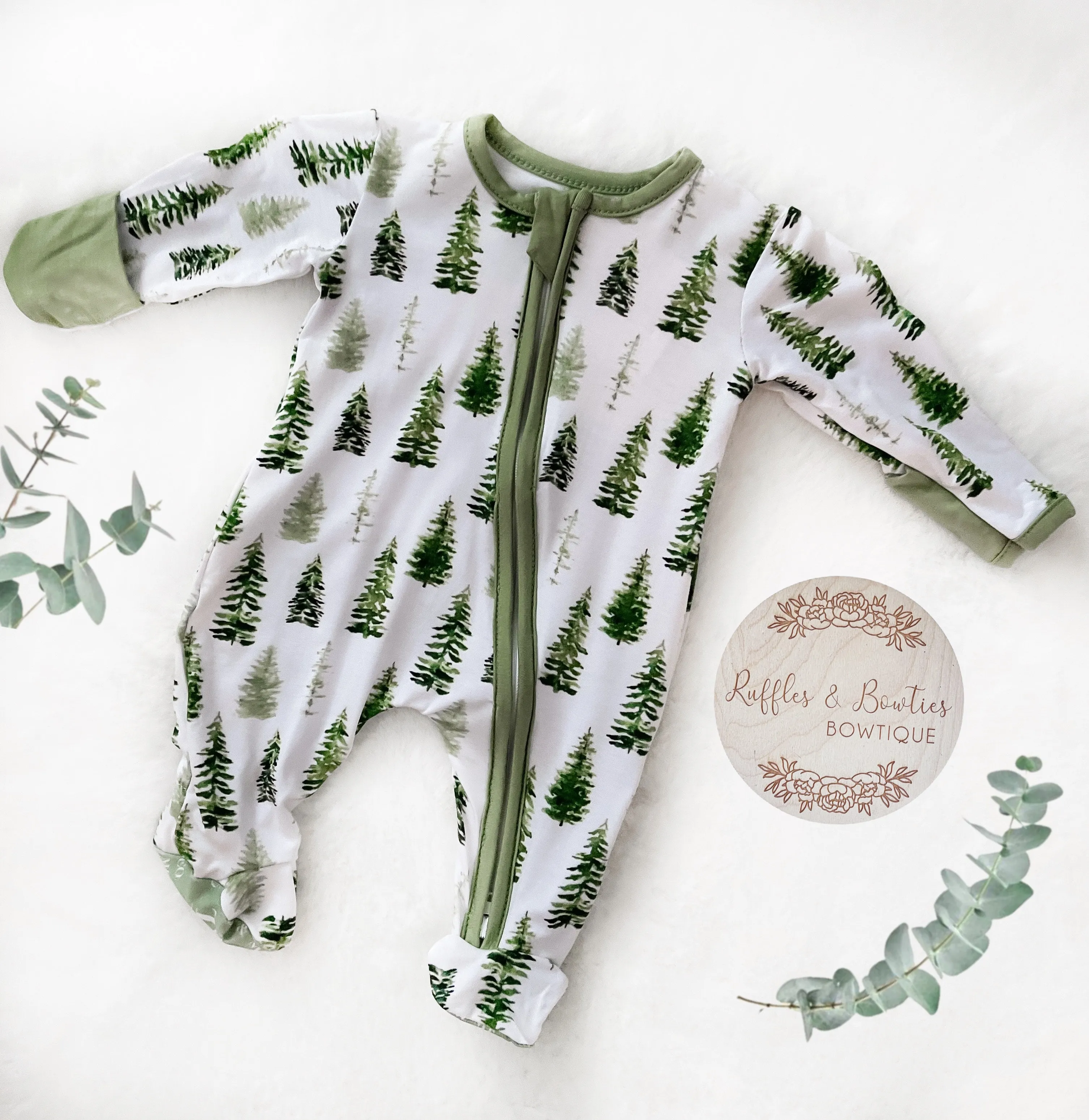 $10.00 EA - Preemie X 2, 3-6M X 1, 6-12M X 1 - BAMBOO Zippies - Green Forest Trees