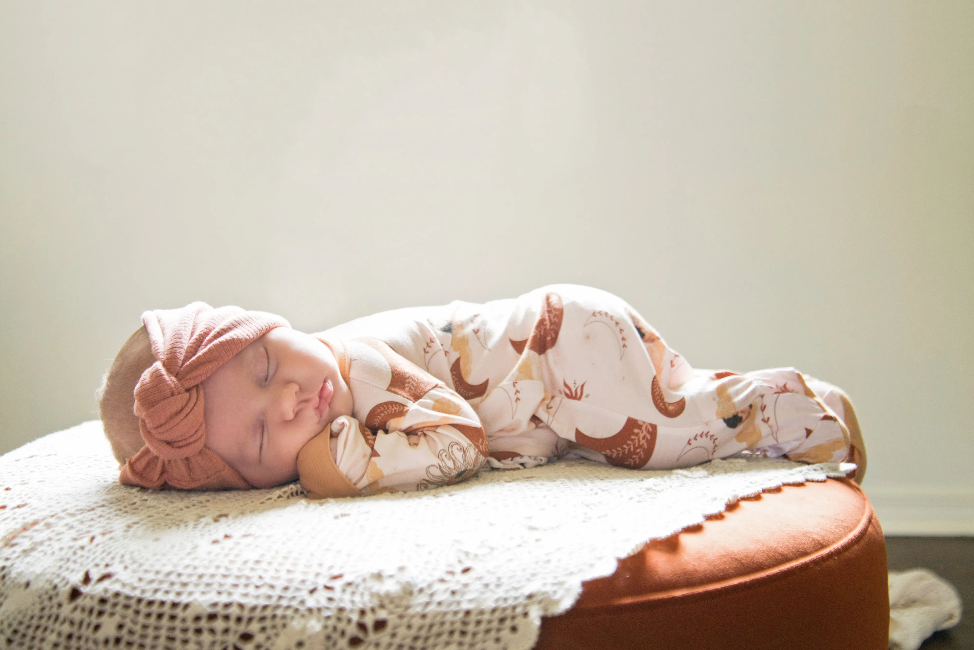 $12.00 EA - Preemie X 1, NB X 2, 0-3M X 2, 3-6M X 2 - BAMBOO Ruffle Zippies - Rust Moons