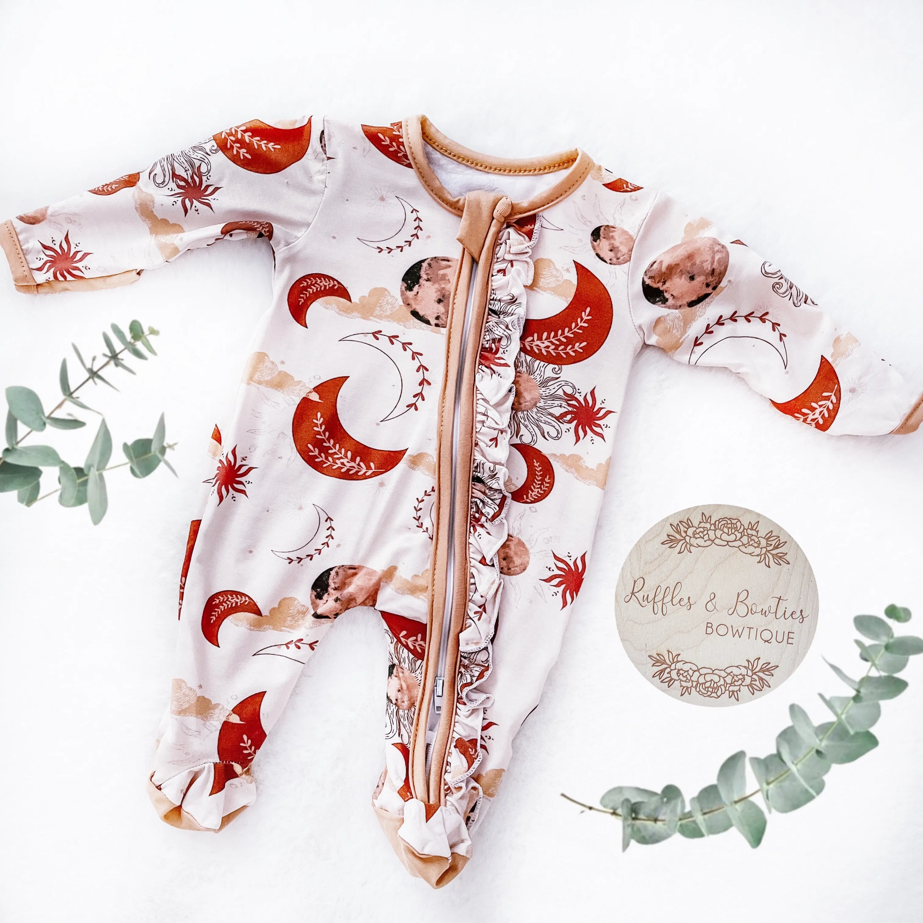 $12.00 EA - Preemie X 1, NB X 2, 0-3M X 2, 3-6M X 2 - BAMBOO Ruffle Zippies - Rust Moons