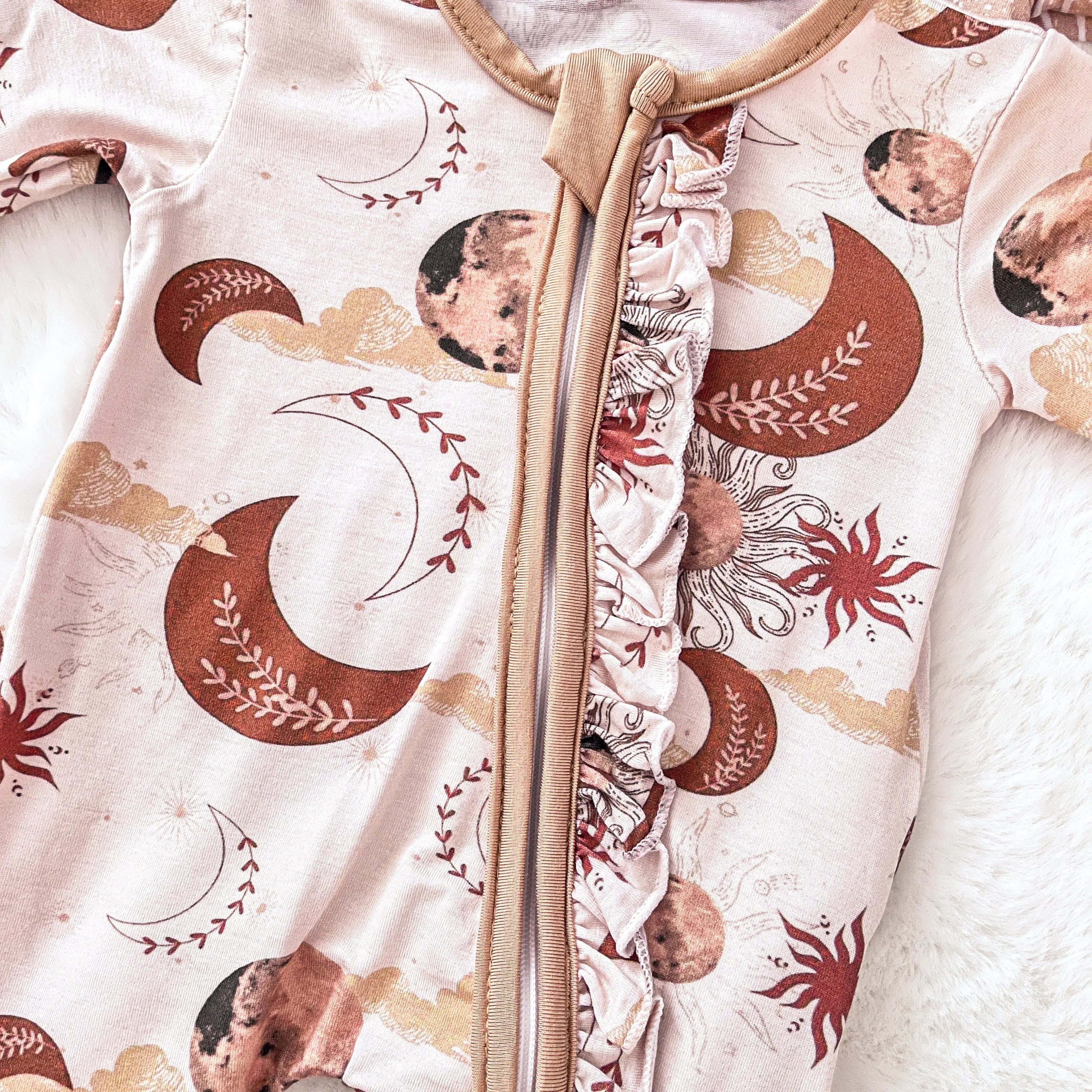 $12.00 EA - Preemie X 1, NB X 2, 0-3M X 2, 3-6M X 2 - BAMBOO Ruffle Zippies - Rust Moons