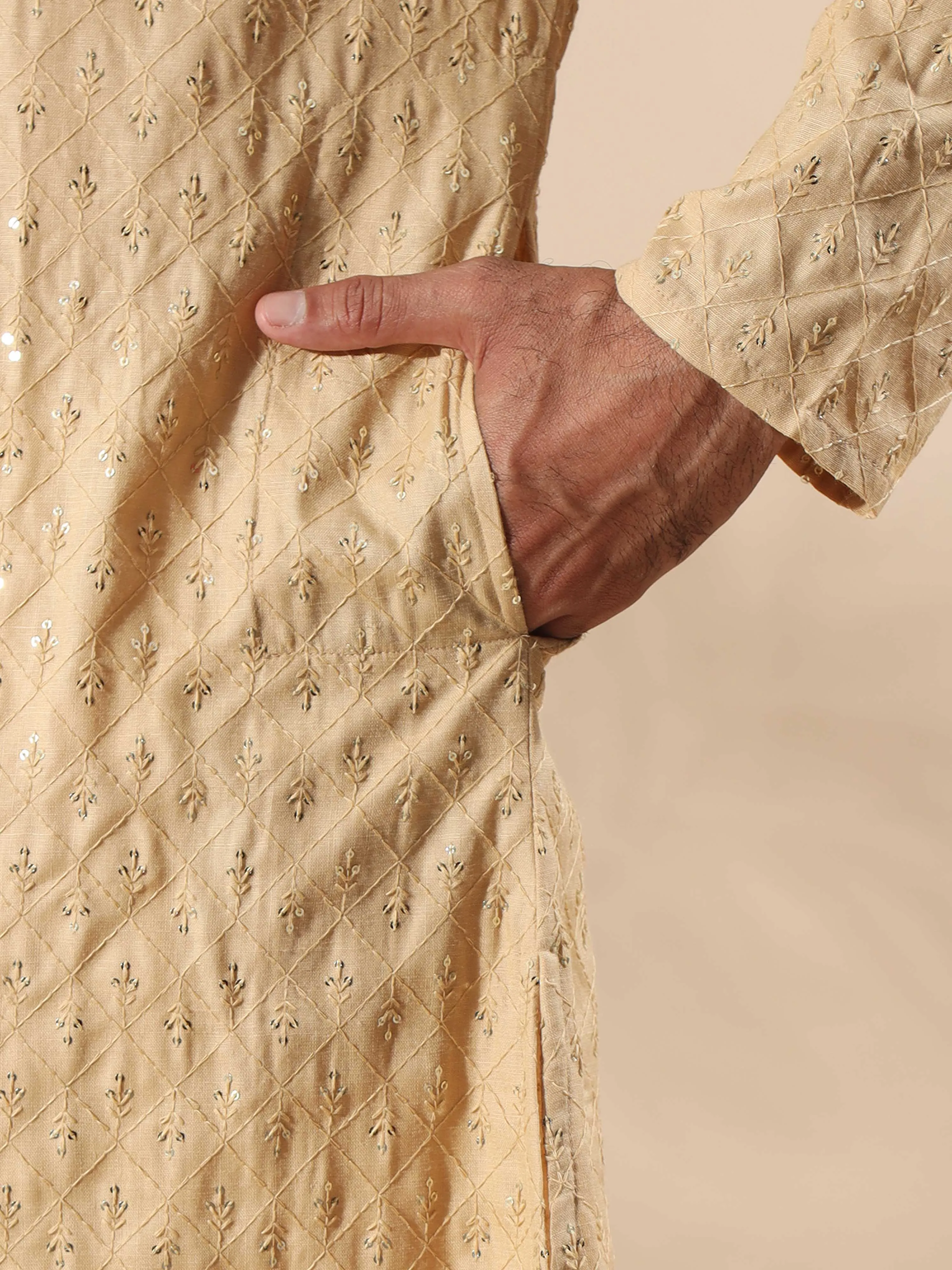 Beige Sequence Embroidery Long Kurta