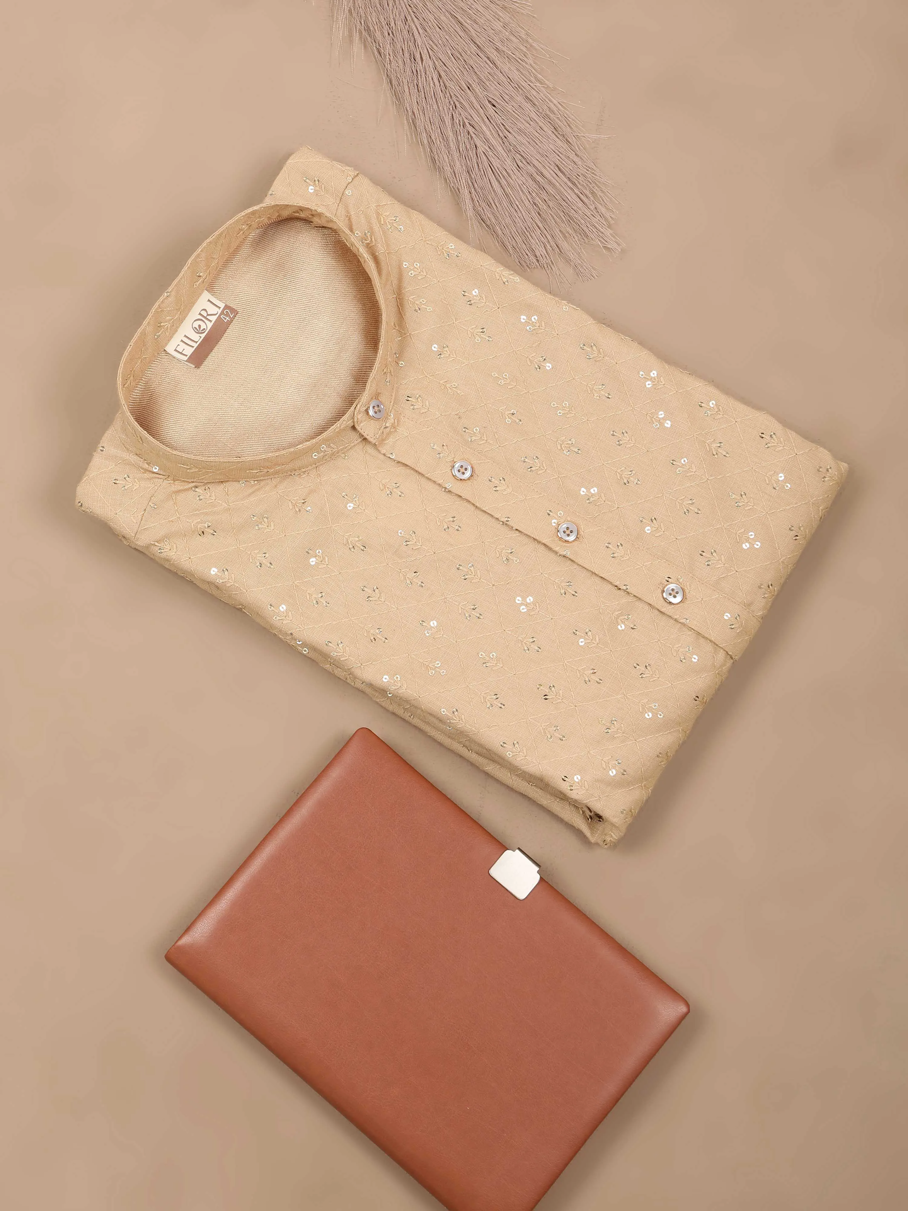 Beige Sequence Embroidery Long Kurta