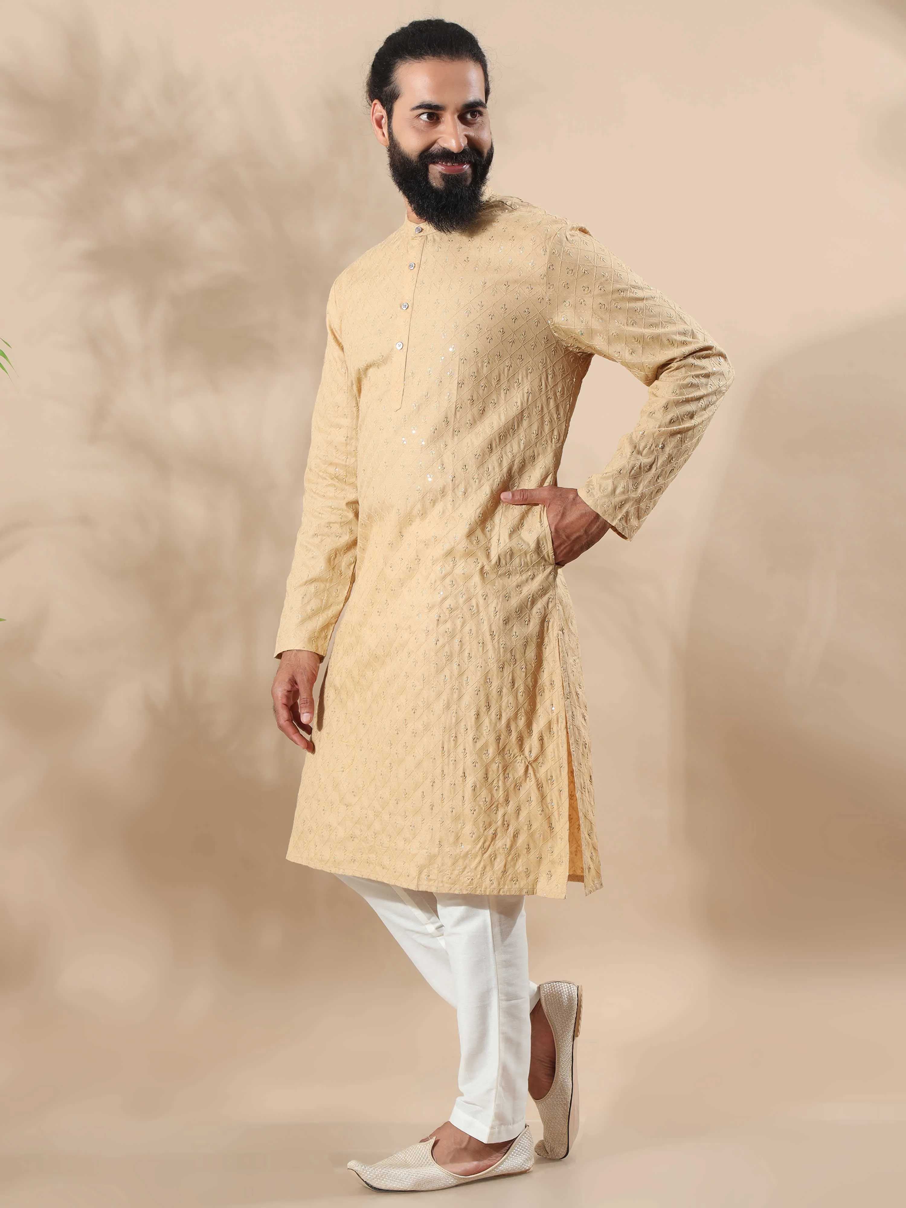 Beige Sequence Embroidery Long Kurta