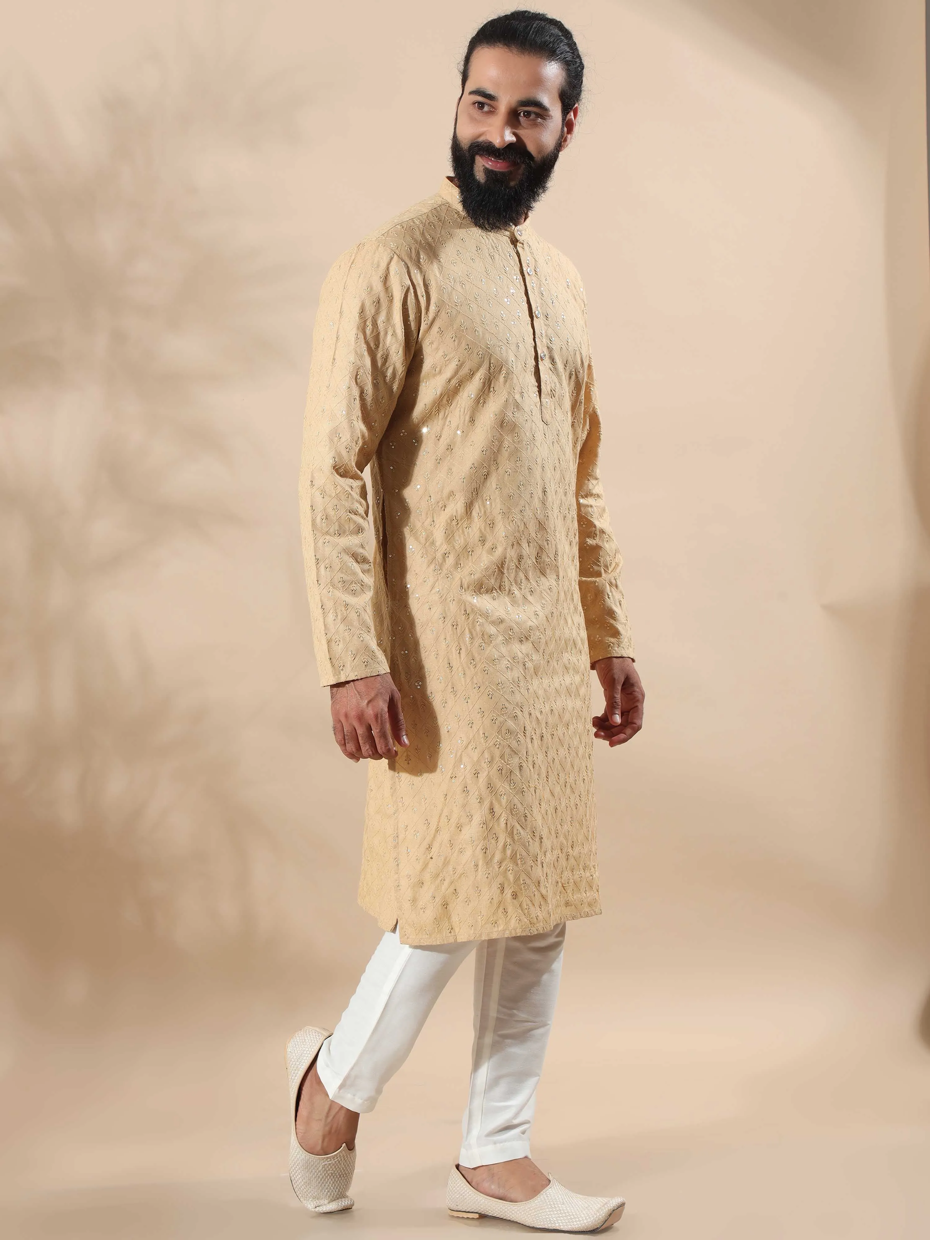 Beige Sequence Embroidery Long Kurta