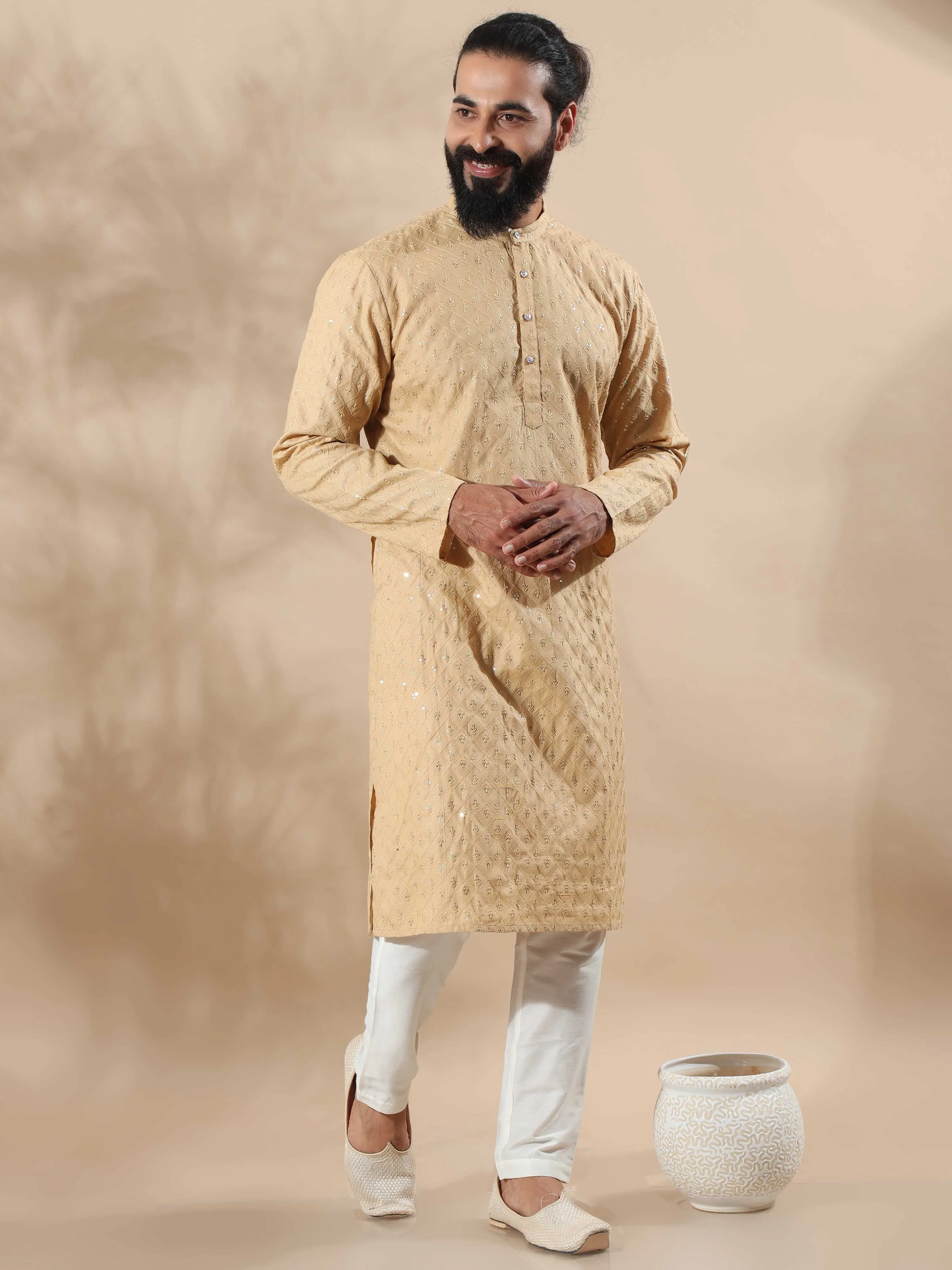 Beige Sequence Embroidery Long Kurta