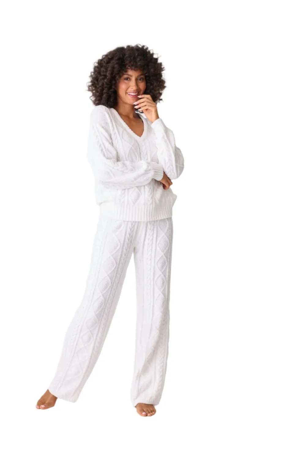 Cable Crew Long Sleeve and Pants Lounge Set In Ivory