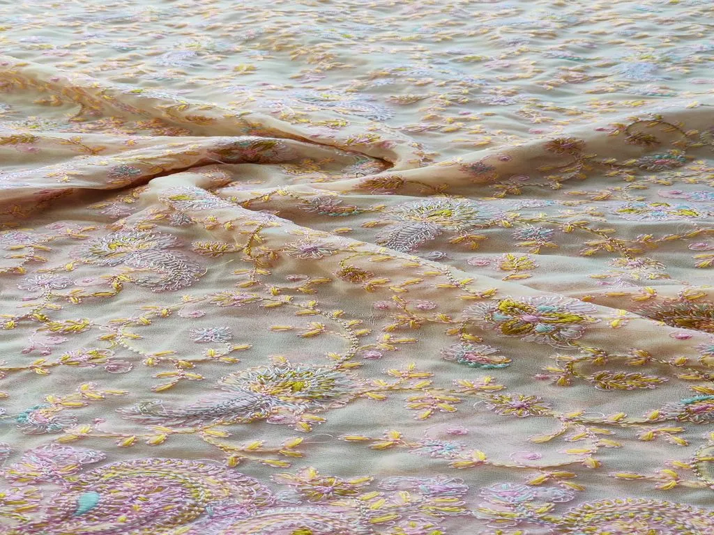 Cream Floral Heavy Lakhnawi Work Georgette Fabric(Wholesale)