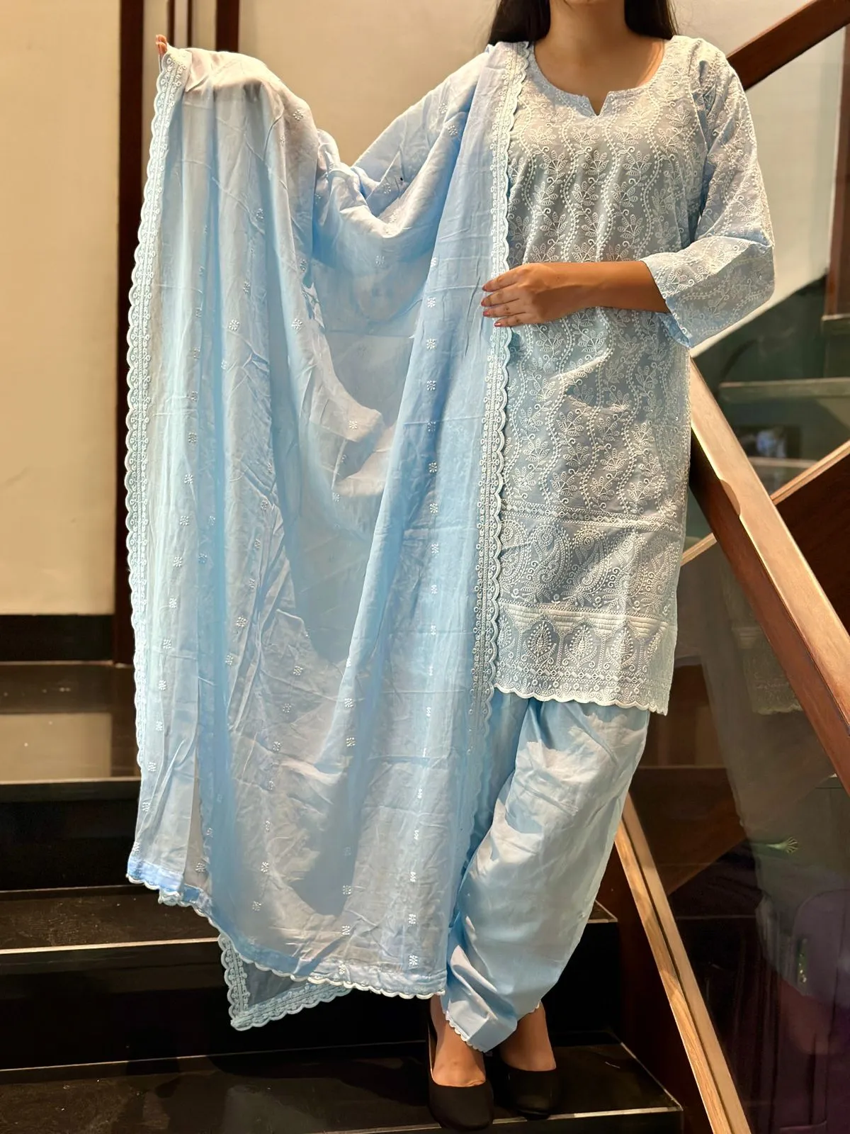 Grey Schiffli Embroidered Lucknowi Cotton Kurta Set with Embroidered Dupatta