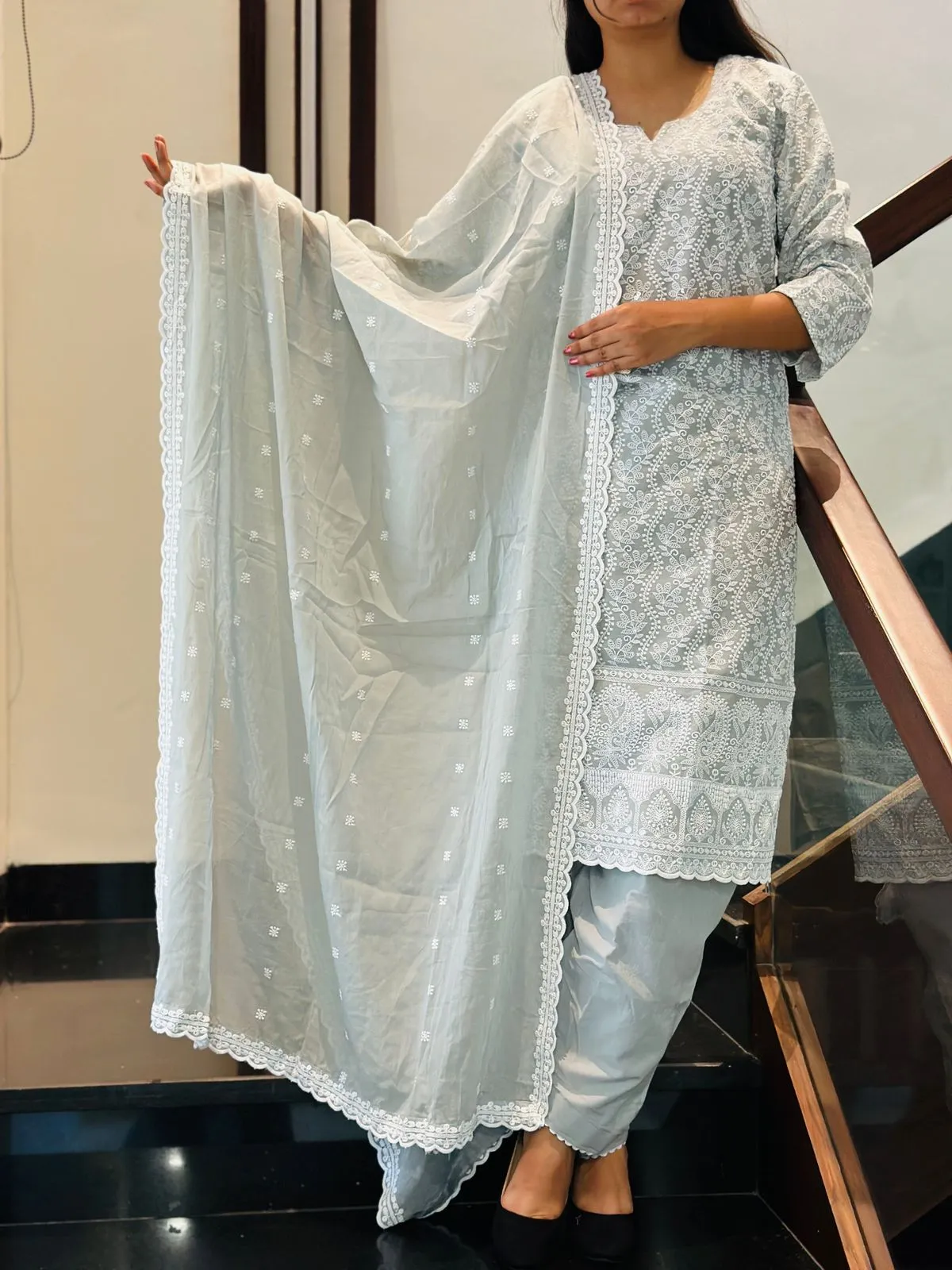 Grey Schiffli Embroidered Lucknowi Cotton Kurta Set with Embroidered Dupatta