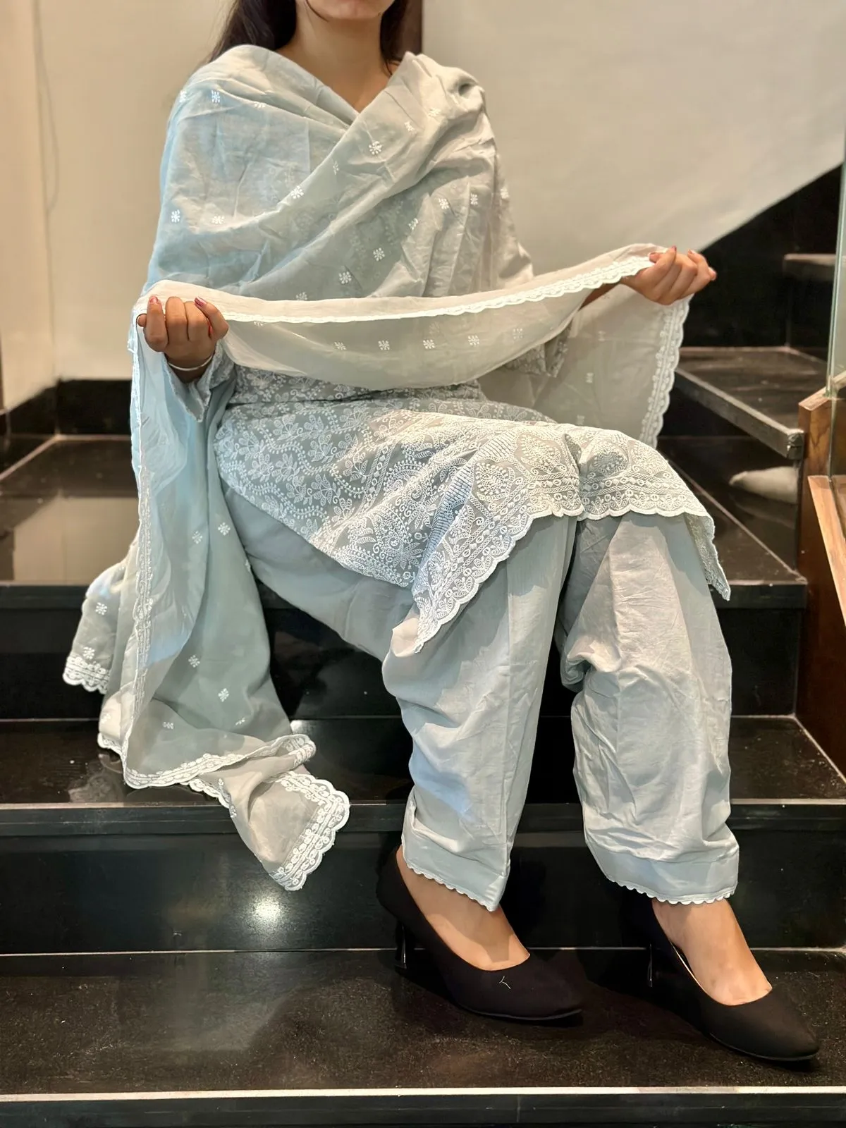 Grey Schiffli Embroidered Lucknowi Cotton Kurta Set with Embroidered Dupatta