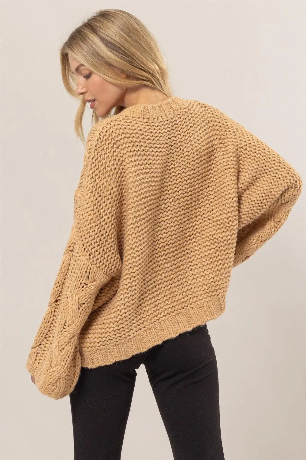 HYFVE Cable Knit V-Neck Sweater Oversized Long Sleeve Pullover