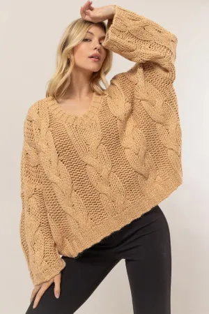 HYFVE Cable Knit V-Neck Sweater Oversized Long Sleeve Pullover