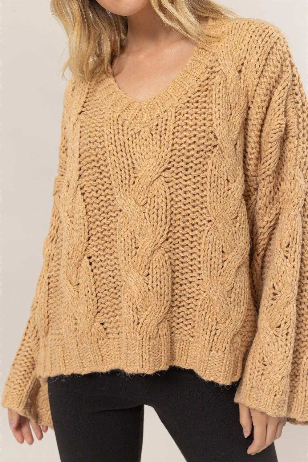 HYFVE Cable Knit V-Neck Sweater Oversized Long Sleeve Pullover