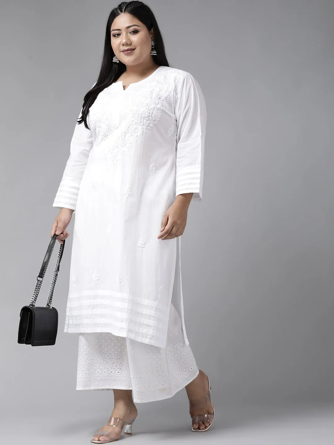 Lucknowi Chikankari White Cotton Plus Size Kurta
