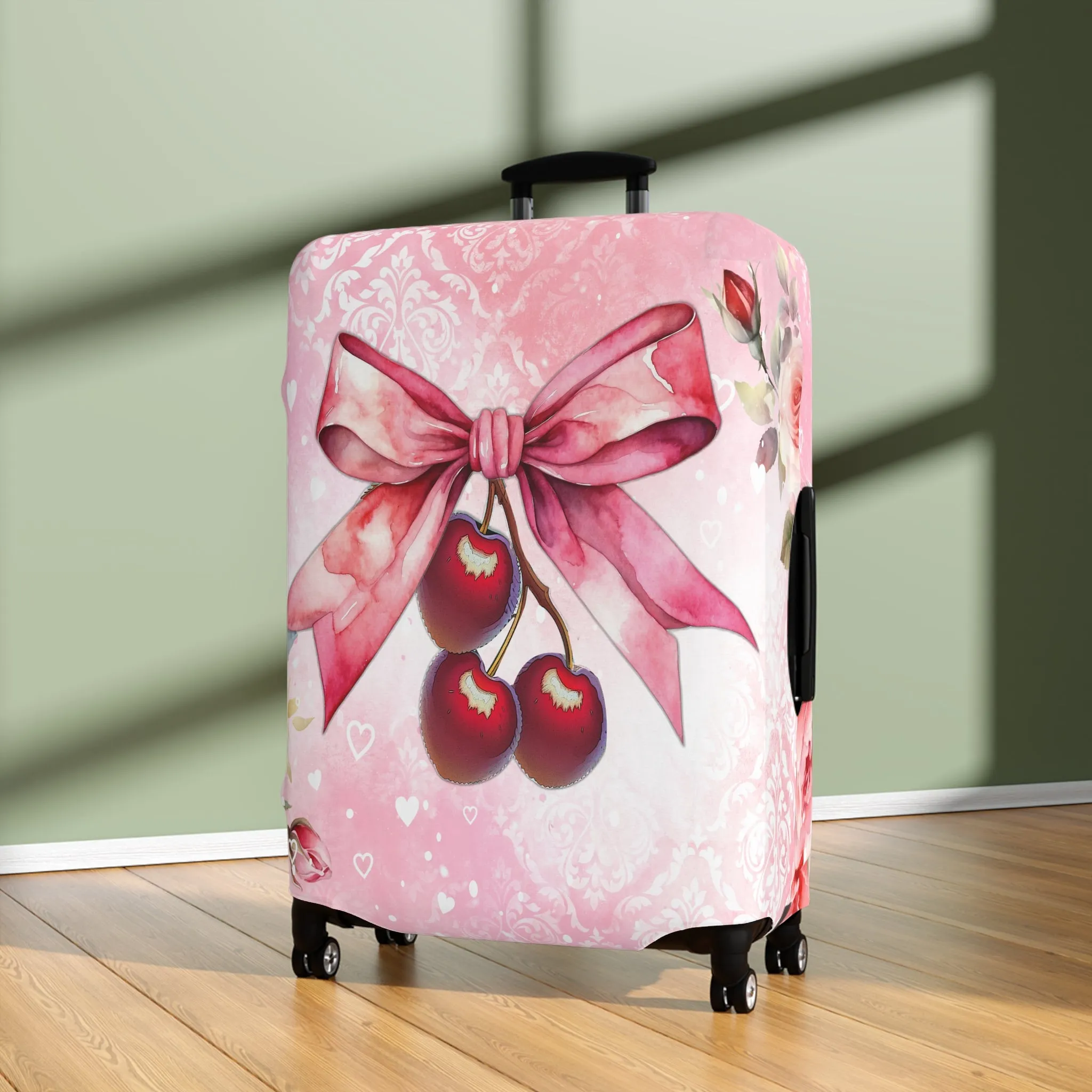 Luggage Cover, Rockabilly, Coquette, Pink Watercolour, Roses, Cherries and Ribbon, awd-2520