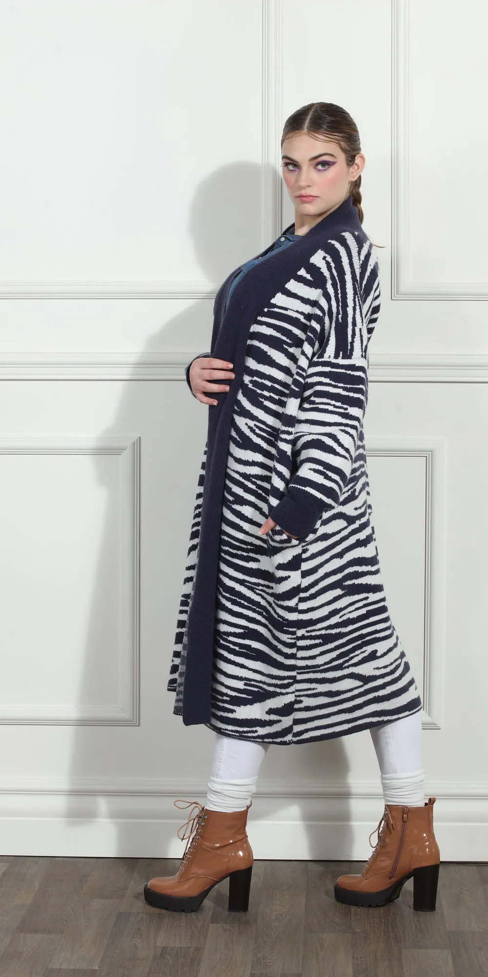 Luxe Moda LM259 - Navy White - Animal Print Knit Coat