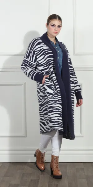 Luxe Moda LM259 - Navy White - Animal Print Knit Coat