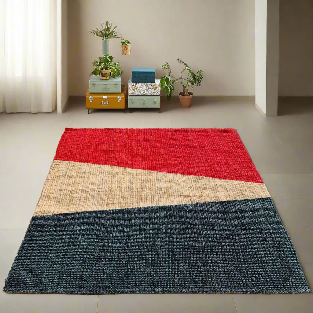 OnlyMat Designer Handwoven Jute Luxe Carpet with Red, Black and Bleach Pattern