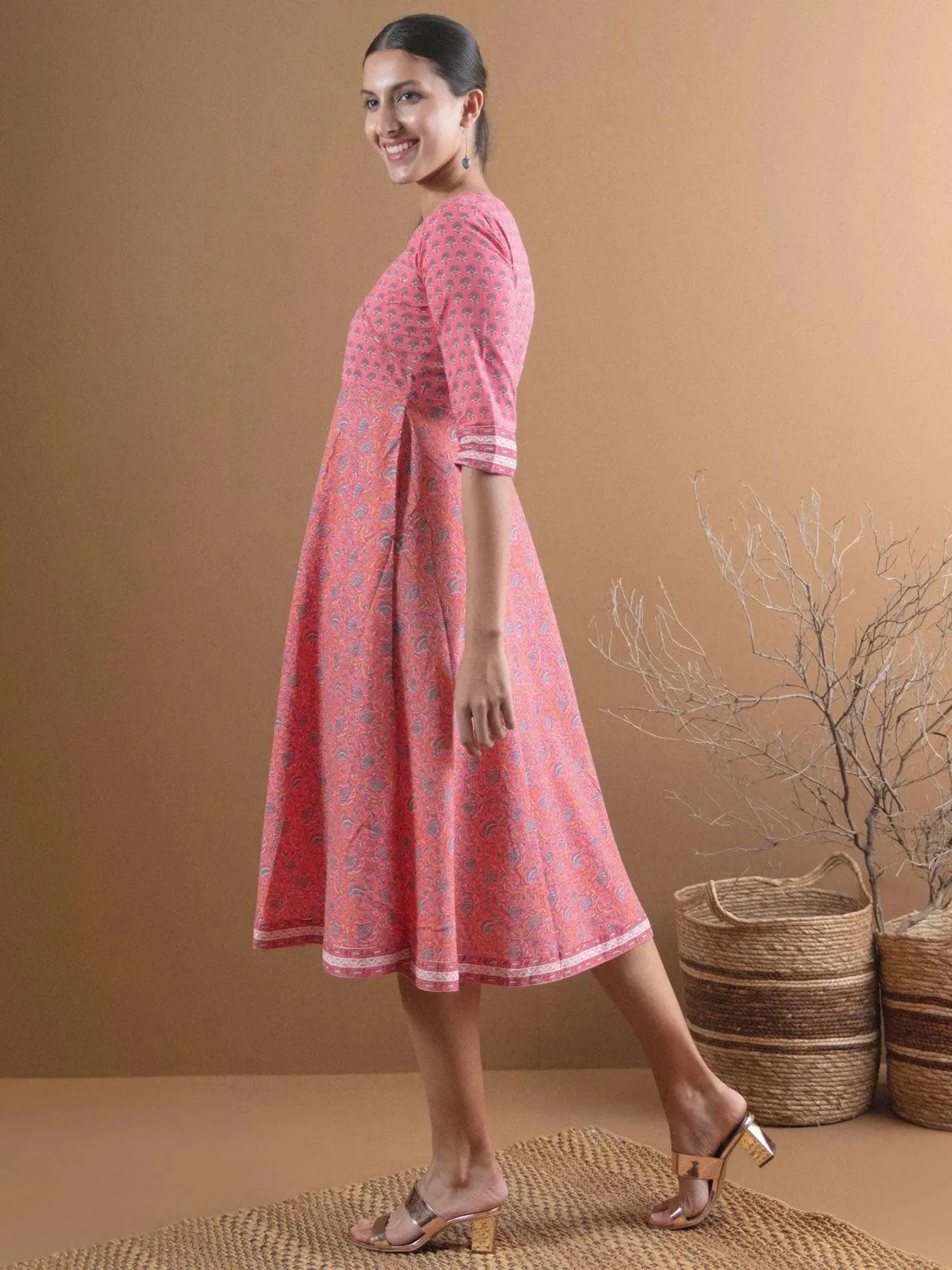 Pink Printed Cotton Dress With Mask