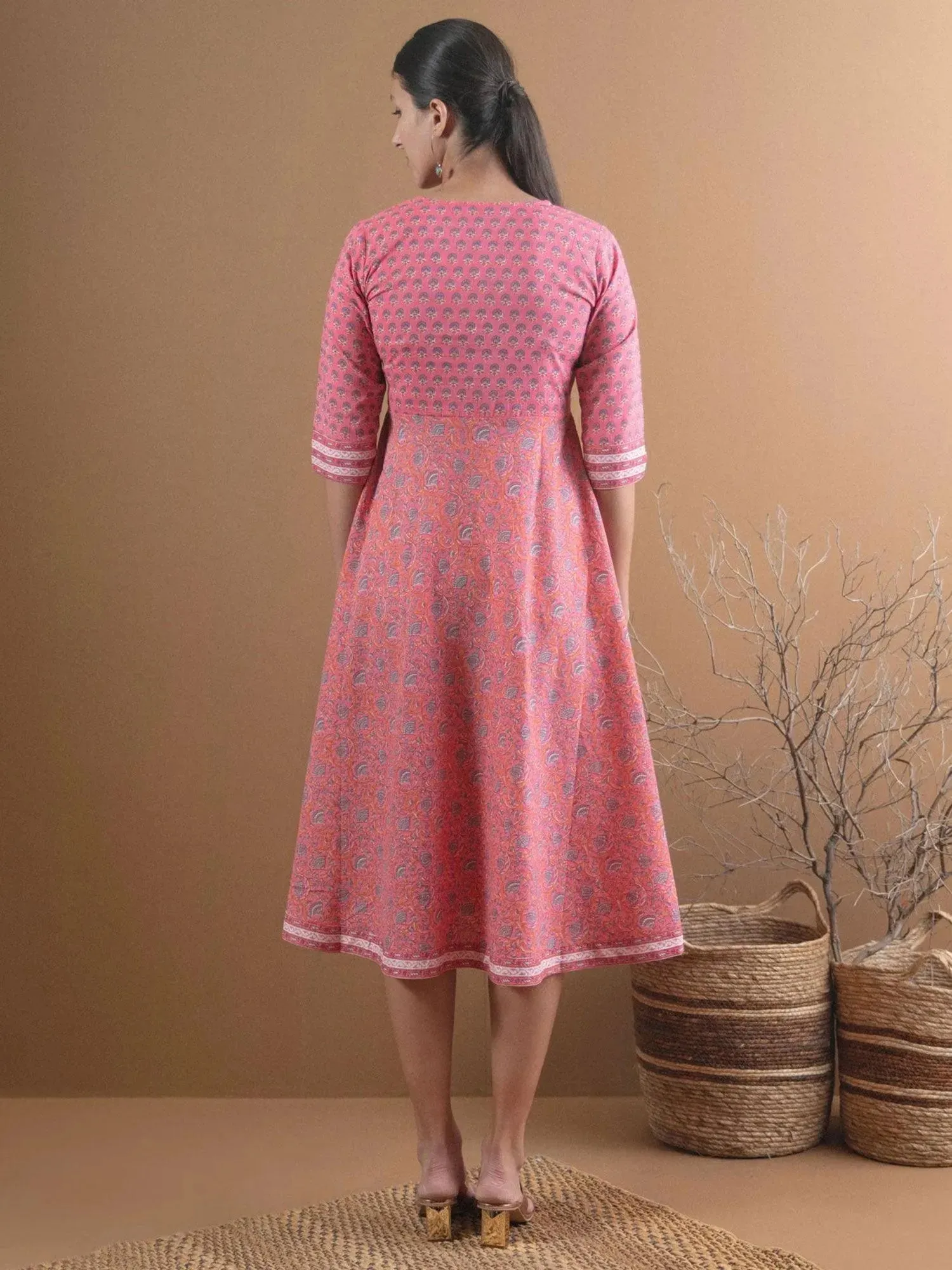 Pink Printed Cotton Dress With Mask
