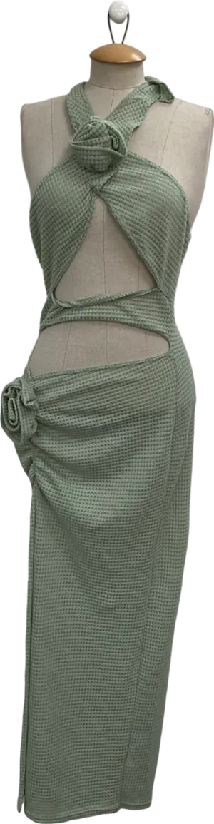 PrettyLittleThing Sage Green Rose Detail Halterneck Knit Midi Dress UK 6