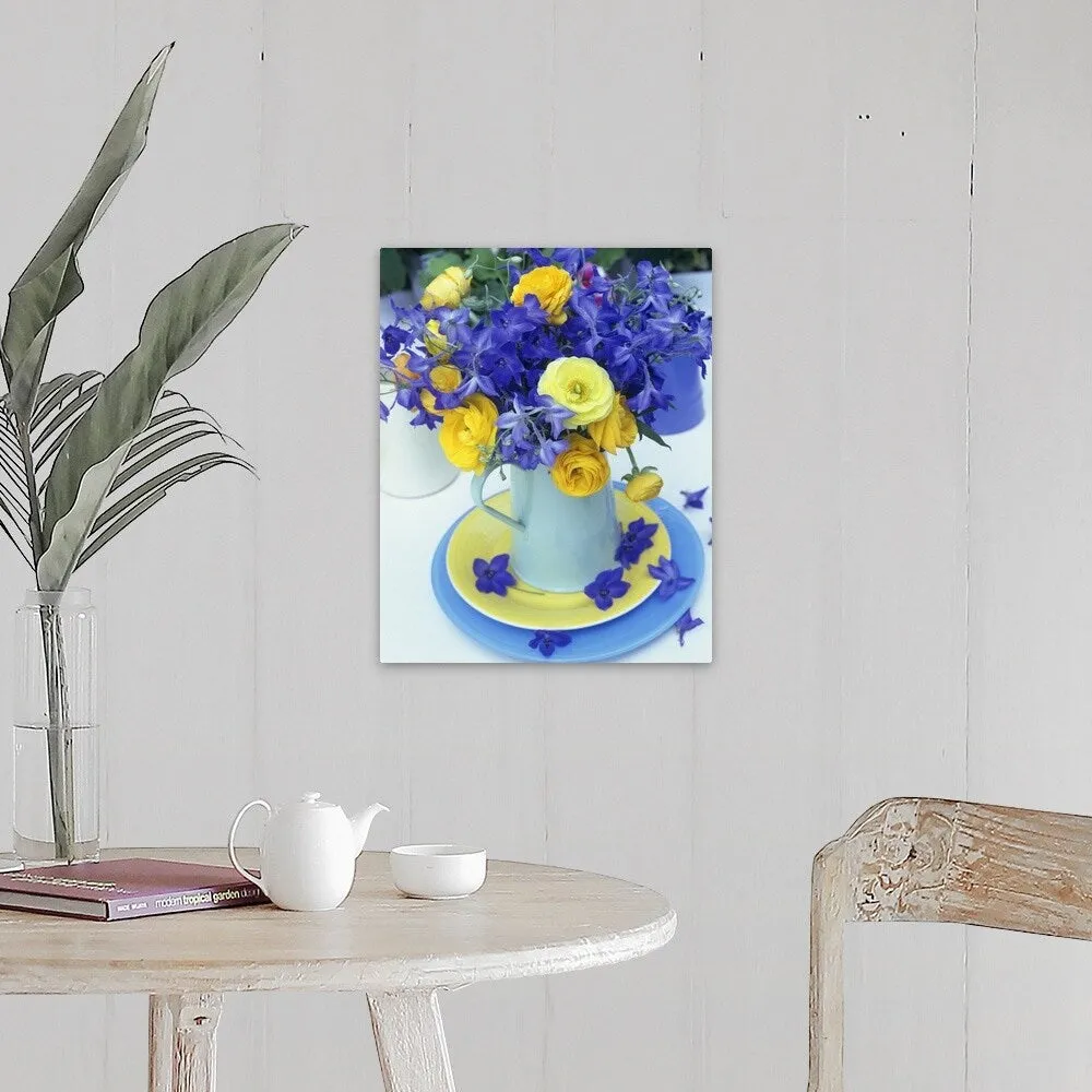 "Blue jug of yellow and blue flowers" Canvas Wall Art
