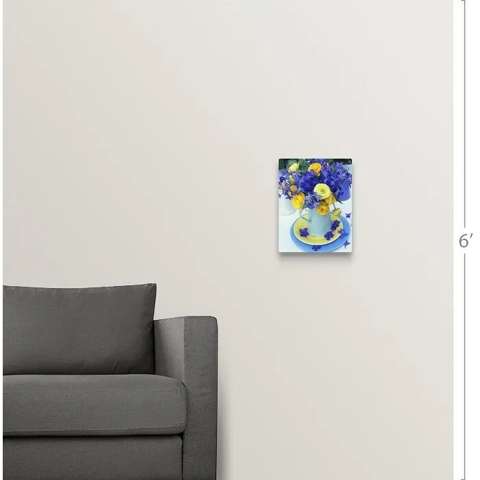 "Blue jug of yellow and blue flowers" Canvas Wall Art