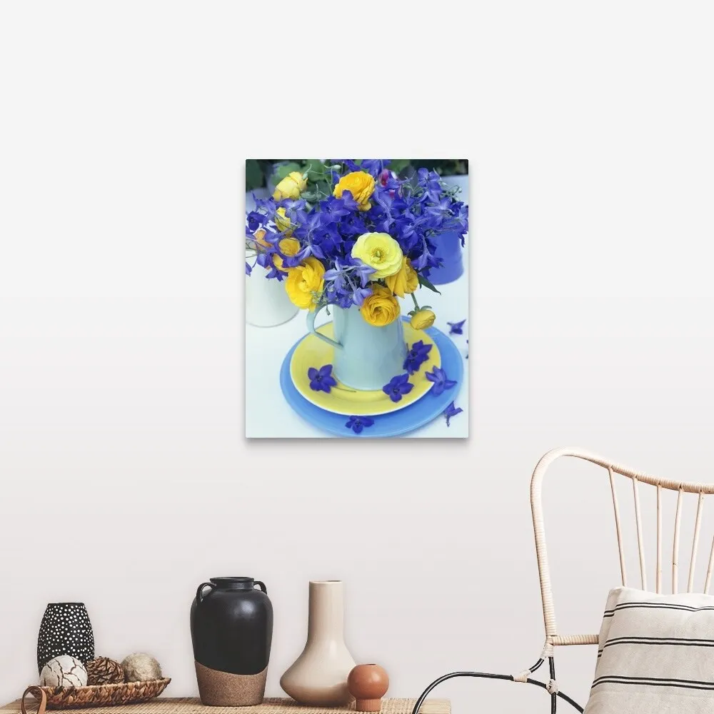 "Blue jug of yellow and blue flowers" Canvas Wall Art