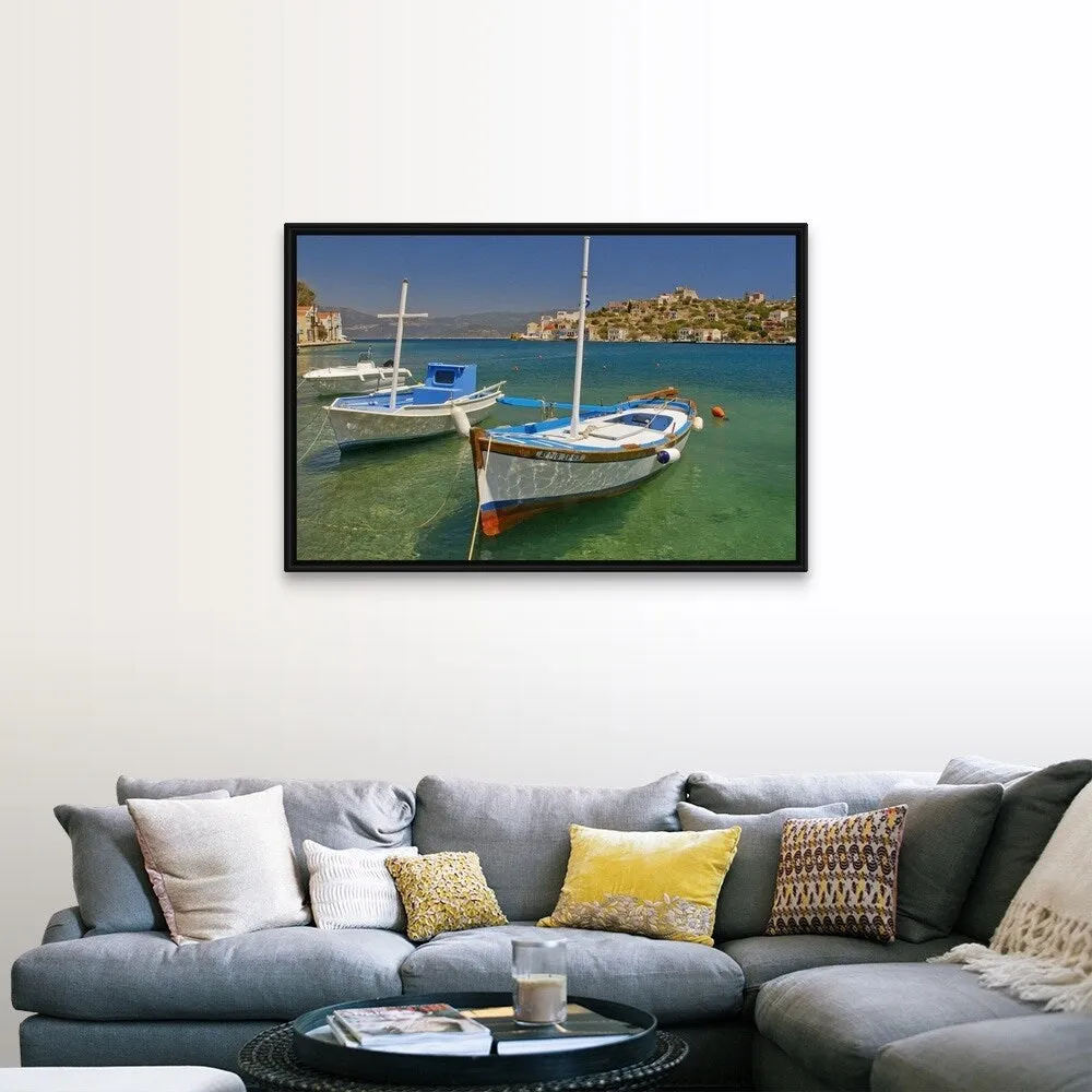 "Fishing boat in Kastellorizo harbour" Black Float Frame Canvas Art