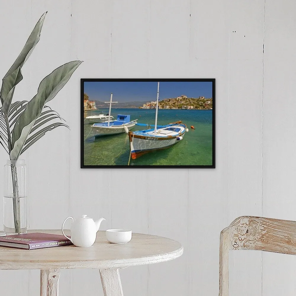 "Fishing boat in Kastellorizo harbour" Black Float Frame Canvas Art