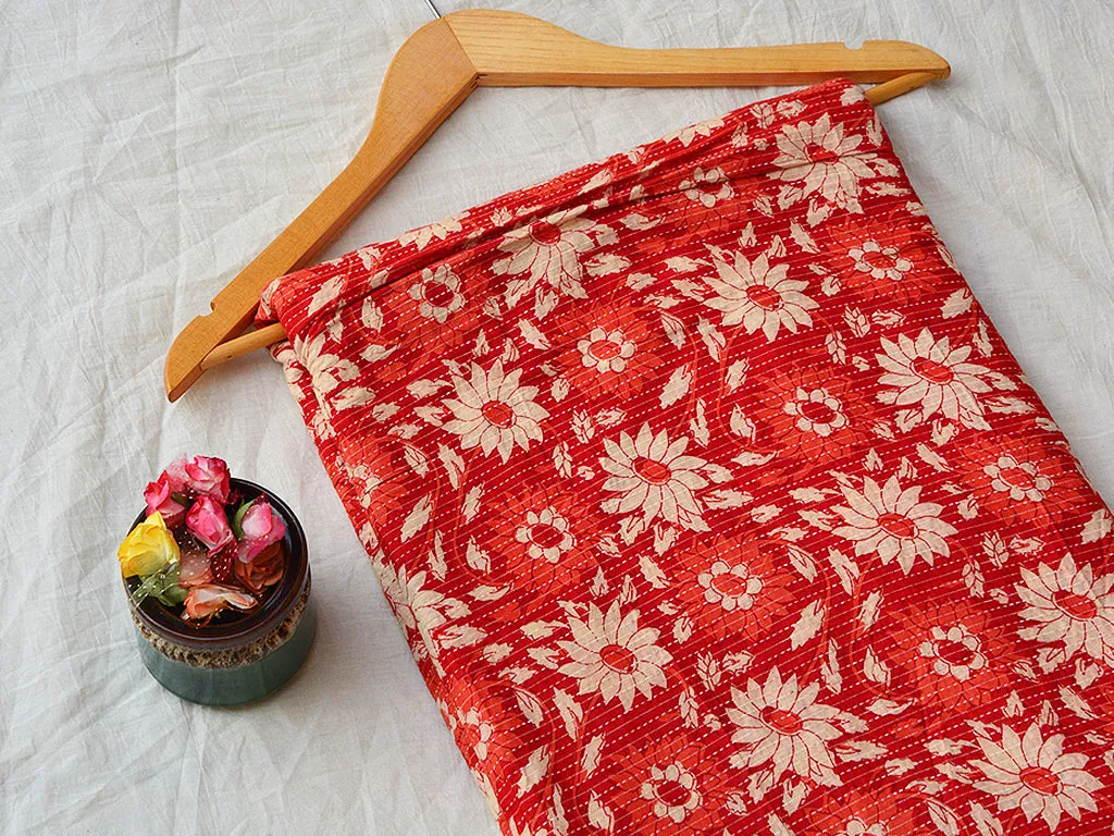 Red Floral Pure Cotton Kantha Fabric