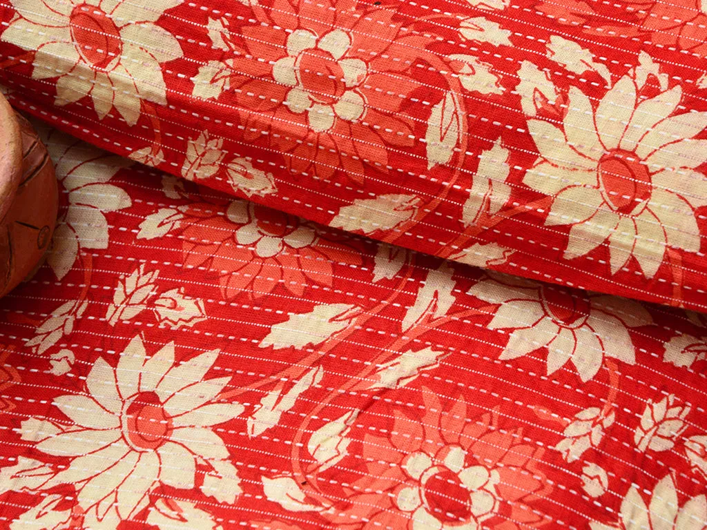 Red Floral Pure Cotton Kantha Fabric