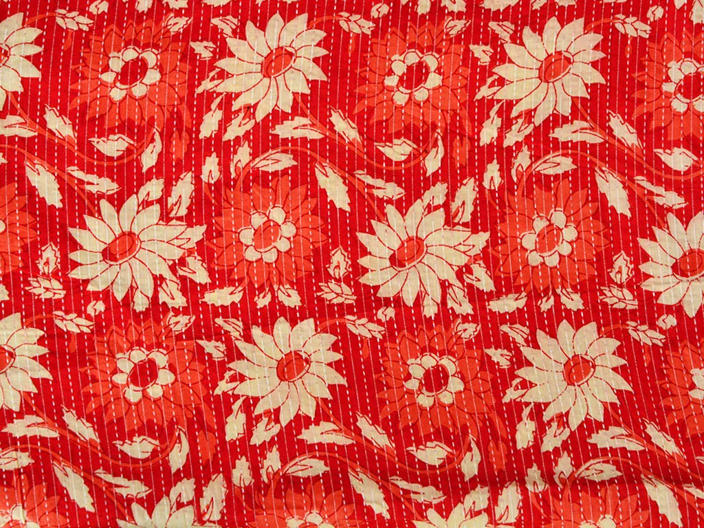 Red Floral Pure Cotton Kantha Fabric