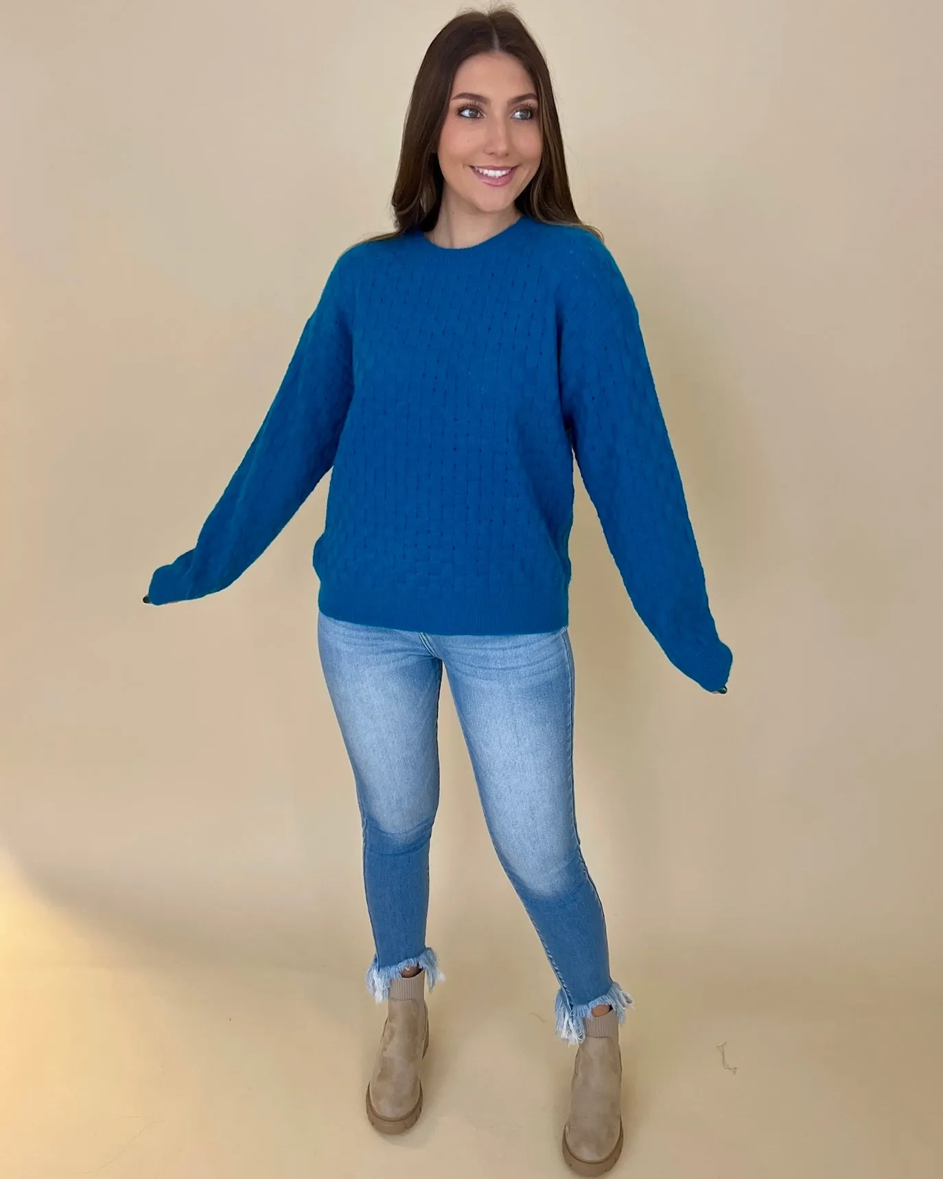 Stay Cozy Turquoise Checkered Knit Sweater