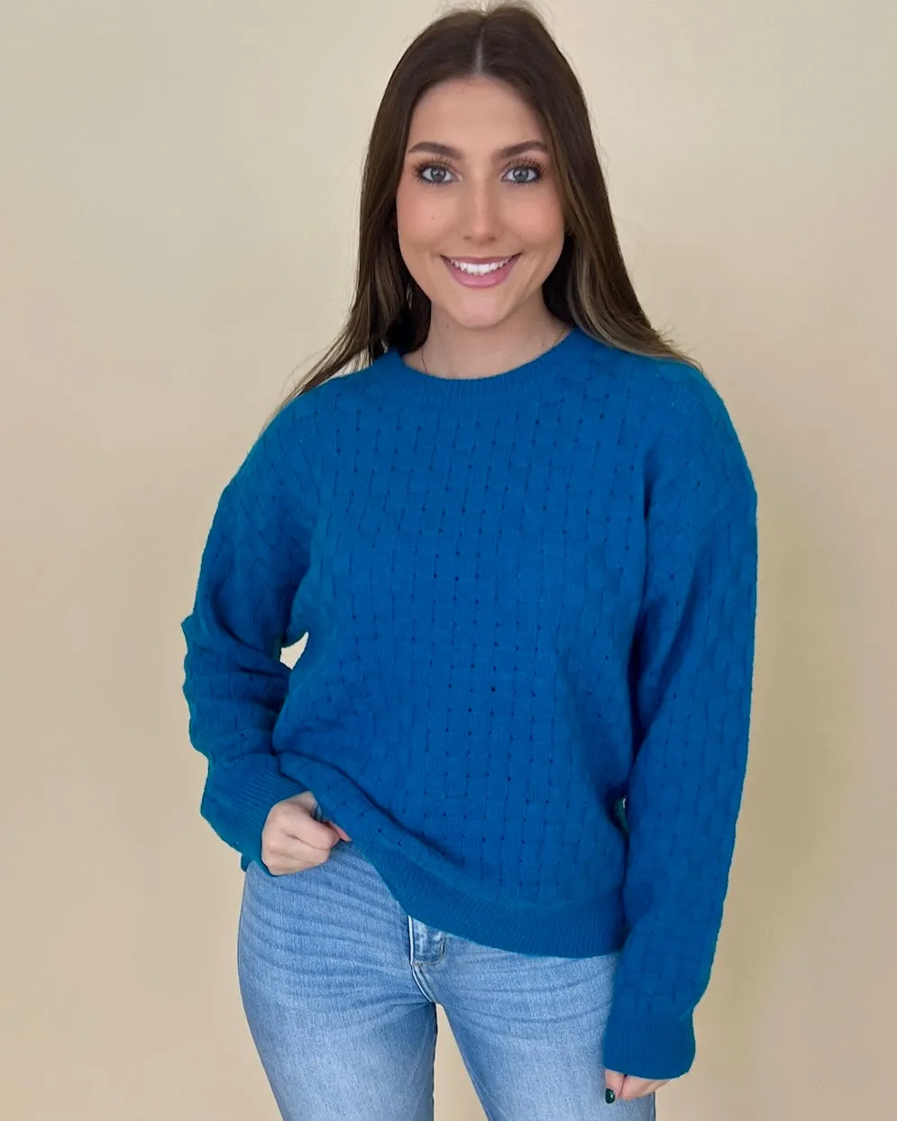 Stay Cozy Turquoise Checkered Knit Sweater