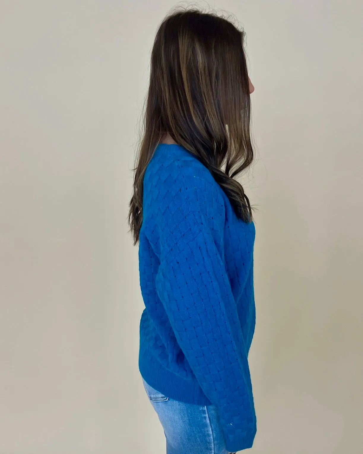 Stay Cozy Turquoise Checkered Knit Sweater