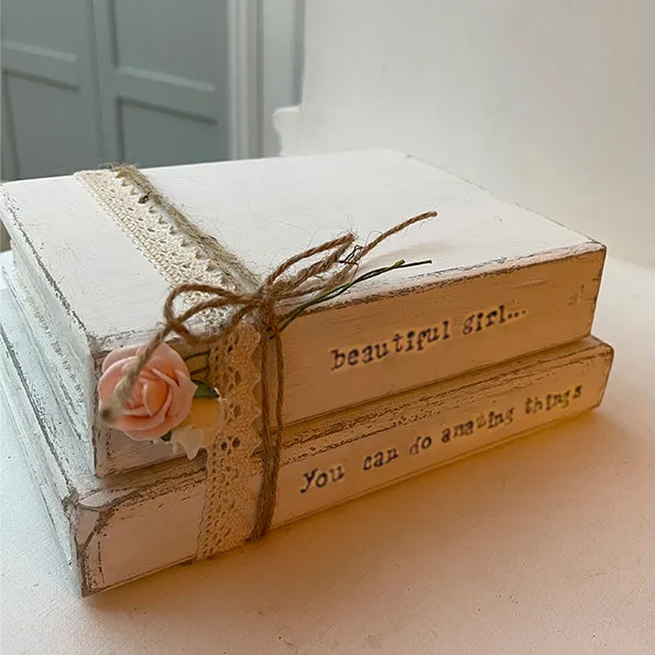Wooden Stack of Books Lg with Lace - Beautiful Girl 12662