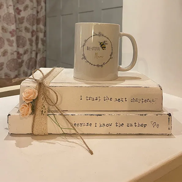 Wooden Stack of Books Lg with Lace - I Know the Author 12668