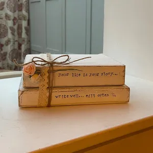 Wooden Stack of Books Lg with Lace - Your Life Your Story 12658