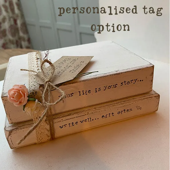 Wooden Stack of Books Lg with Lace - Your Life Your Story 12658