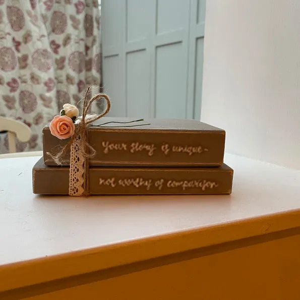 Wooden Stack of Books Lg with Lace - Your Story is Unique 12659